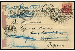 10 øre Chr. IX på brevkort fra Kjøbenhavn d. 27.7.1905 til dansk kvinde på hotel i Liege, Belgien - eftersendt flere gange og endelig returneret til Danmark.