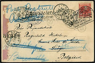 10 øre Chr. IX på brevkort fra Kjøbenhavn d. 27.7.1905 til dansk kvinde på hotel i Liege, Belgien - eftersendt flere gange og endelig returneret til Danmark.