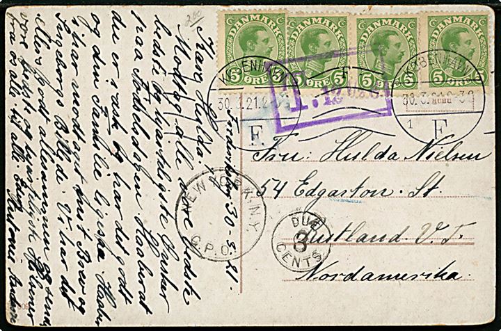 5 øre Chr. X (4) på underfrankeret brevkort (Købh., Parti fra Langelinie) annulleret København d. 30.3.1921 til Rutland, USA. Dansk violet portostempel T. 12½ c. og amerikansk stempel New York, N.Y. G.P.O. / Due 3 Cents.