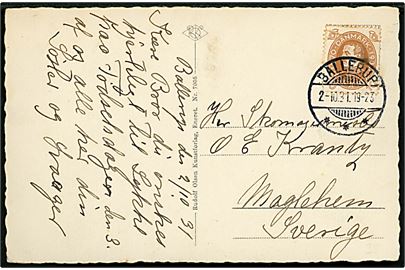 10 øre Chr. X 60 år på brevkort (Ballerup, gadeparti) annulleret brotype Ic  d. 2.10.1931 til Maglehem, Sverige.