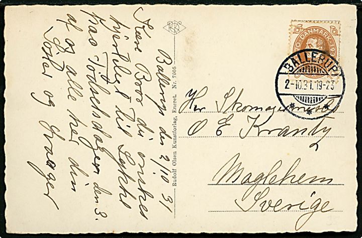 10 øre Chr. X 60 år på brevkort (Ballerup, gadeparti) annulleret brotype Ic  d. 2.10.1931 til Maglehem, Sverige.