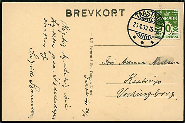 10 øre Bølgelinie på brevkort (Taastrup, gadeparti) annulleret med brotype Ic Taastrup d. 30.4.1930 til Vordingborg.