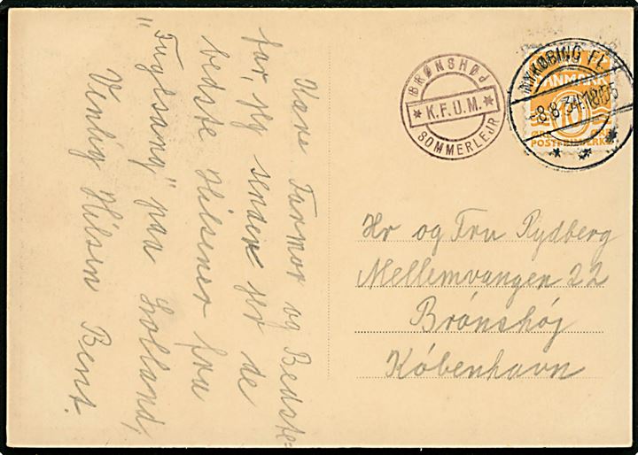 10 øre Bølgelinie på brevkort (Sommerlejren Fuglsang) annulleret Nykøbing Fl. d. 8.8.1934 og sidestemplet Brønshøj * KFUM * Sommerlejr til Brønshøj.