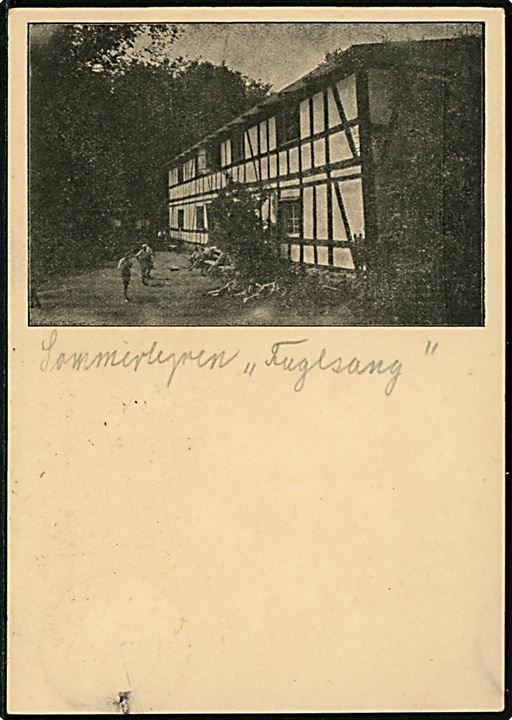 10 øre Bølgelinie på brevkort (Sommerlejren Fuglsang) annulleret Nykøbing Fl. d. 8.8.1934 og sidestemplet Brønshøj * KFUM * Sommerlejr til Brønshøj.