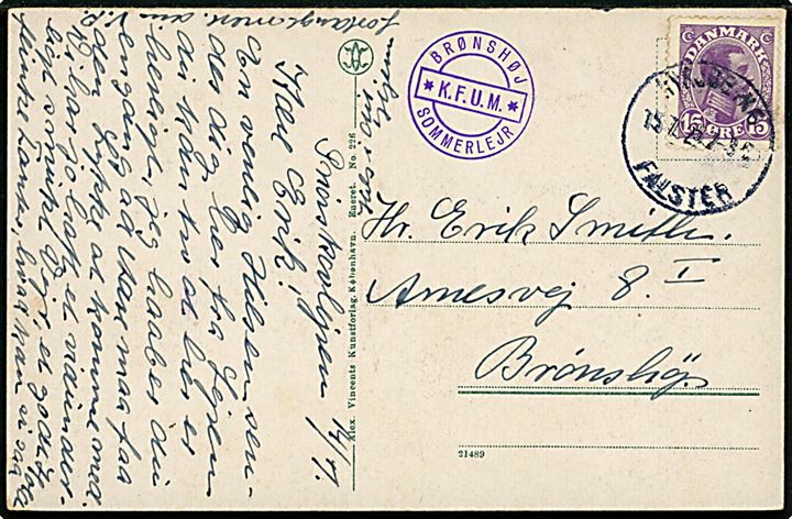 15 øre Chr. X på brevkort annulleret Nykjøbing Falster d. 15.7.1925 og sidestemplet Brønshøj * KFUM * Sommerlejr til Brønshøj.
