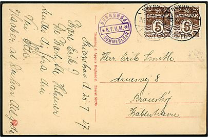 5 øre Bølgelinie i parstykke på brevkort (Sommerlejren Priorskov, Lolland) annulleret Nykøbing Falster d. 26.7.1927 og sidestemplet Brønshøj * KFUM * Sommerlejr til Brønshøj.