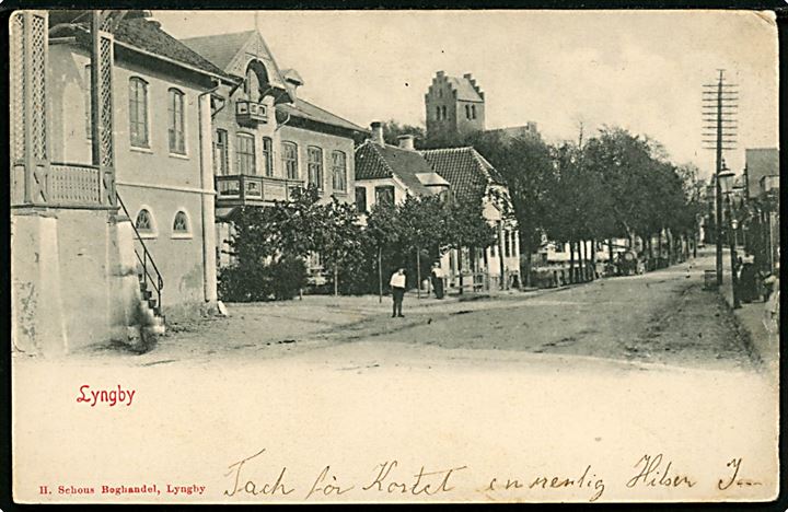 5 øre Våben på lokalt brevkort (Lyngby, gadeparti) annulleret lapidar Lyngby d. 10.5.190?. 