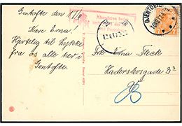 7 øre Chr. X på brevkort (Gentofte kirke) annulleret med brotype IIIi Gjentofte 1.OMB: d. 171.4.1919 til København. Rødt rammestempel Afsenderen bedes underrettet om Deres rette Postadresse.