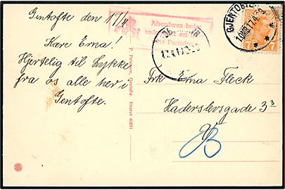 7 øre Chr. X på brevkort (Gentofte kirke) annulleret med brotype IIIi Gjentofte 1.OMB: d. 171.4.1919 til København. Rødt rammestempel Afsenderen bedes underrettet om Deres rette Postadresse.