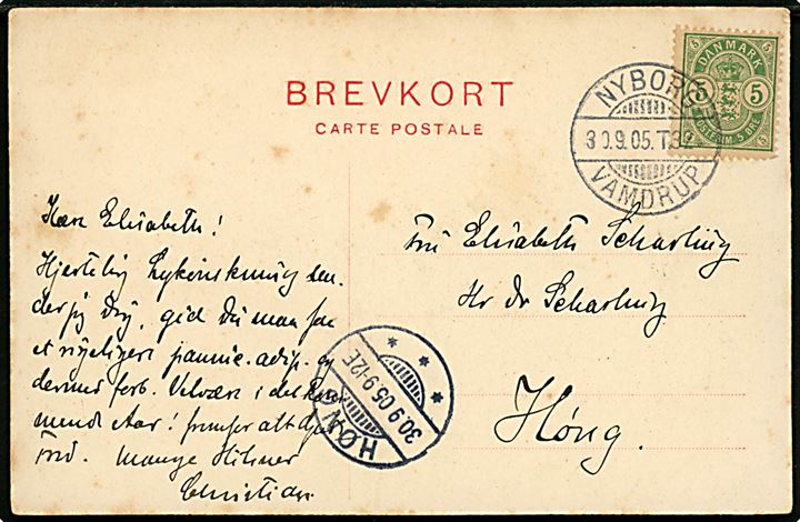 5 øre Våben på brevkort fra Middelfart annulleret med bureaustempel Nyborg - Vamdrup T.32 d. 30.9.1905 til Høng.