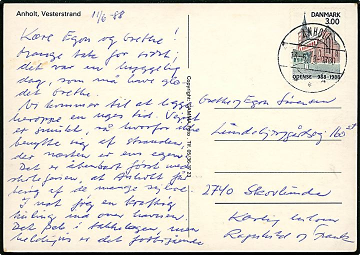 3 kr. Odense 1000 år på brevkort annulleret brotype IId Anholt d. 13.6.1988 til Skovlunde.