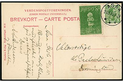 5 øre Chr. X og Julemærke 1915 på brevkort annulleret med brotype IIIb Asaa d. 24.12.1915 til Dronninglund.