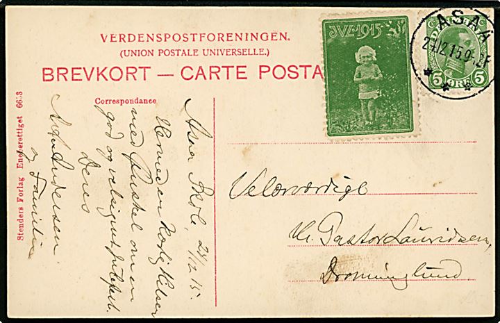 5 øre Chr. X og Julemærke 1915 på brevkort annulleret med brotype IIIb Asaa d. 24.12.1915 til Dronninglund.