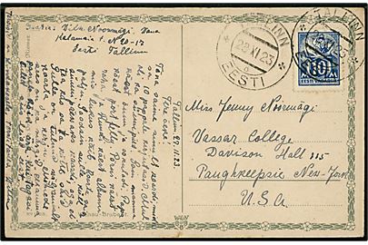 10 mk. Smed single på brevkort fra Tallinn d. 28.11.1923 til Poughkeepsie, New York, USA.