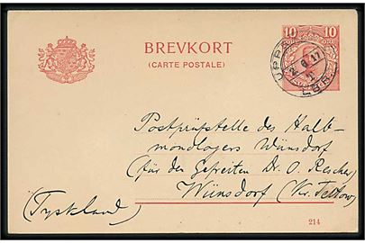 10 öre Gustaf helsagsbrevkort fra Uppsala d. 2.6.1917 til gefreiter ved Postprüfstelle i krigsfangelejren Halbmondlager ved Wünsdorf, Tyskland. Halbmond-lejren var en særlejr for muslimske krigsfanger i Tyskland.