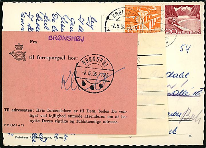 5 c. og 20 c. på brevkort fra Schweiz 1956 til København, forsøgt i Brønshøj med to etiketter og flere stempler.