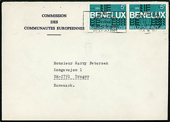 5 fr. Benelux udg. i parstykke på fortrykt kuvert fra Commission des Communautes Europeennes (= Europa-Kommissionen) i Bruxelles d. 12.9.1974 til Dragør, Danmark.