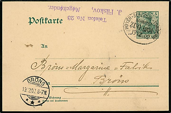 5 pfg. helsagsbrevkort fra Møgeltønder annulleret med ovalt bureaustempel Hoyer-Schleuse - Tondern Bahnpost Zug 1204 d. 19.12.1902 til Brøns.