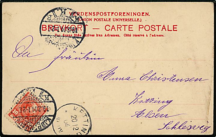 10 øre Chr. IX på brevkort fra Kjøbenhavn d. 19.12.1904 til Ketting på Als, Slesvig. Ank.stemplet med enringsstempel Ketting d. 20.12.1904.