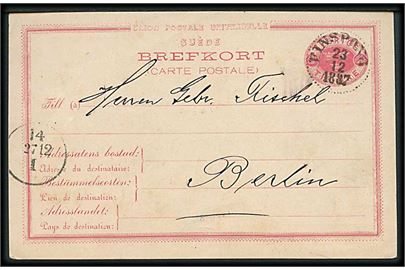 10 öre helsagsbrevkort fra Finspong d. 23.12.1887 til Berlin, Tyskland.
