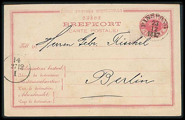 10 öre helsagsbrevkort fra Finspong d. 23.12.1887 til Berlin, Tyskland.