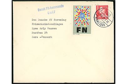 30 øre Fr. IX og FN-mærkat på brev fra Coy III, DANOR Bn i Gaza annulleret København d. 29.3.1962 og sidestemplet Dansk FN-Kommando / UNEF til Sorø.