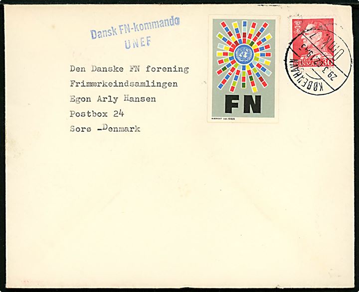 30 øre Fr. IX og FN-mærkat på brev fra Coy III, DANOR Bn i Gaza annulleret København d. 29.3.1962 og sidestemplet Dansk FN-Kommando / UNEF til Sorø.