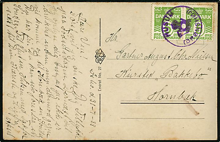 5 øre Bølgelinie i parstykke på brevkort dateret i Islev d. 31.7.1933 annulleret med posthornstempel HUSUM (BRØNSHØJ) til kursted Bakkebo i Hornbæk. Posthornstempel benyttet ca. 4 måneder tidligere end registreret hos Bendix/Skilling.