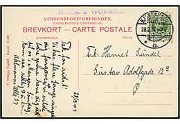 5 øre Fr. VIII med perfin H&W på brevkort (Hellerup, Holck Wintherfeldts Allé i sne) fra firma Holm & Wonsild annulleret Kjøbenhavn *5.* d. 28.2.1907 til København Ø.