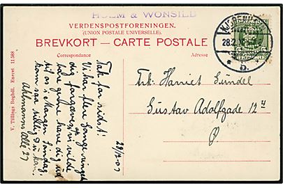 5 øre Fr. VIII med perfin H&W på brevkort (Hellerup, Holck Wintherfeldts Allé i sne) fra firma Holm & Wonsild annulleret Kjøbenhavn *5.* d. 28.2.1907 til København Ø.