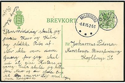 5 øre Chr. X helsagsbrevkort annulleret med stjernestempel RØRBY og sidestemplet Kallundborg d. 6.8.1915 til Menstrup pr. Hyllinge.
