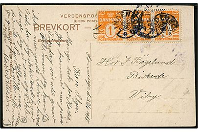 1 øre Bølgelinie (3) på lokalt brevkort (Refsnæs Fyrtårn) annulleret med stjernestempel LINDENBORG (type II) og svagt Roskilde d. 20.6.1918 til Viby.