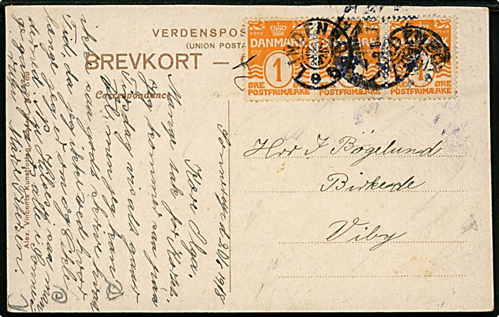 1 øre Bølgelinie (3) på lokalt brevkort (Refsnæs Fyrtårn) annulleret med stjernestempel LINDENBORG (type II) og svagt Roskilde d. 20.6.1918 til Viby.