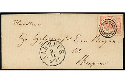 4 sk. Krone/Scepter på brev med indhold annulleret med nr.stempel 5 og sidestemplet antiqua Aarhus d. 9.11.1865 til Hofjægermester E. von Benzon til Benzon.