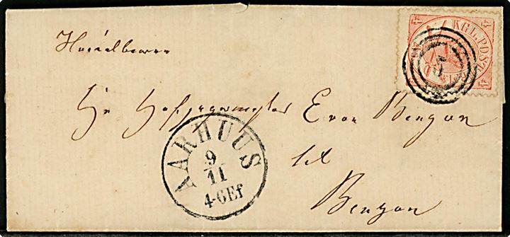 4 sk. Krone/Scepter på brev med indhold annulleret med nr.stempel 5 og sidestemplet antiqua Aarhus d. 9.11.1865 til Hofjægermester E. von Benzon til Benzon.