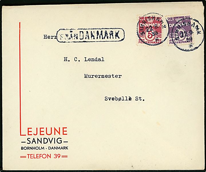 5 øre og 10 øre Bølgelinie på firmakuvert fra Lejeune i Sandvig annulleret med svensk stempel i Simrishamn d. 22.6.1939 og sidestemplet Från Sverige til Svebølle. Sjælden skibspost fra Bornholm via Simrishamn.