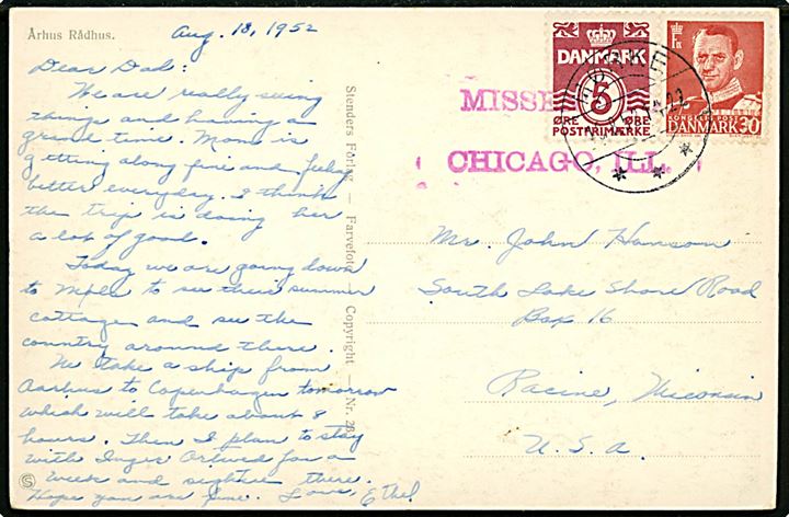 5 øre Bølgelinie og 30 øre Fr. IX (defekt) på brevkort fra Mørke d. 19.8.1952 til Racine, USA. Fejlsendt med stempel: Missent to Chicago, Ill.