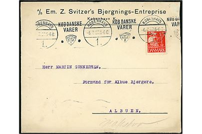 15 øre Karavel på firmakuvert fra A/S Em. Z. Svitzer's Bjergnings-Entreprise i København d. 6.7.1927 til Formanden for Albue Bjergere, Albuen - påskrevet Nakskov.