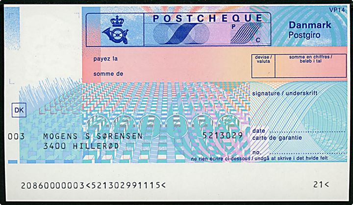 International Postcheque - formular VP14 fra Girobank.