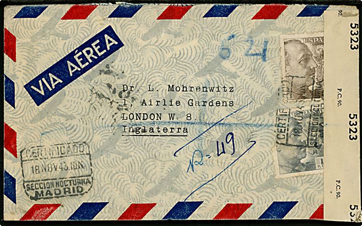 1 pta. (defekt) og 2 pts. Franco på anbefalet luftpostbrev fra Madrid d. 18.11.1943 til London, England. Spansk censur fra Madrid og britisk censur PC90/5323.