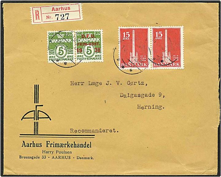 5 øre grøn bølgelinie D.F.U., par, og 15 øre rød Frihedstøtten på Rec. brev fra Aarhus d. 14.10.1938 til Herning.