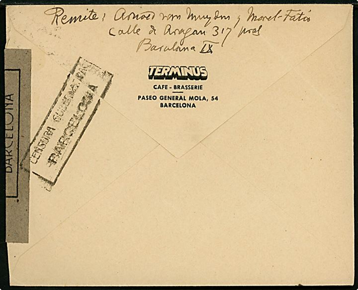 40 cts. Franco i parstykke på brev fra Barcelona d. 21.4.1942 til Geneve, Schweiz. Åbnet af spansk censur i Barcelona.