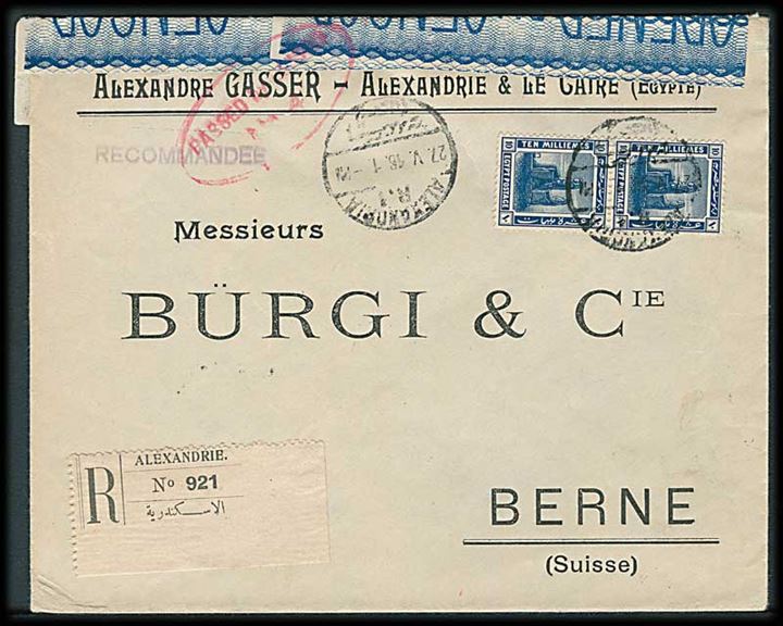 10 Mills i parstykke på anbefalet brev fra Alexandria d. 27.5.1918 til Bern, Schweiz. Åbnet af egyptisk censur.