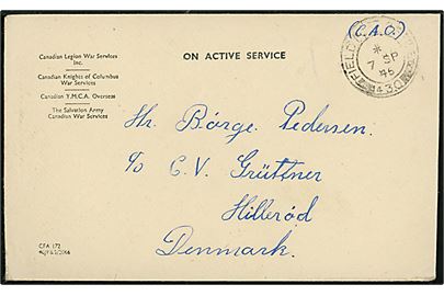 Ufrankeret fortrykt canadisk On Active Service kuvert fra dansk frivillig, M 56654 H. J. Pedersen, med britisk feltpoststempel Field Post Office 420 (Benyttet af de canadiske styrker i 2nd Armourd Brigade i Tyskland/Holland) d. 7.9.1945 til Hillerød, Danmark. Uden censur.