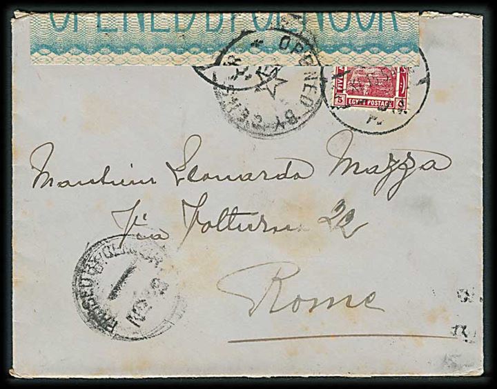 5 mills single på brev fra d. 4.11.1915 til Rom, Italien. Åbnet af egyptisk censur