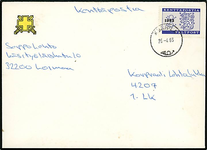 1983 Kenttäpostia Fältpost provisorium på manøvrefeltpostbrev fra Karhula d. 26.4.1983 til soldat ved feltpostkontor 4207. På bagsiden ank.stemplet Kenttäpostiakonttoria 5. 