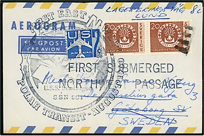 Svensk 20 öre (2) og amerikansk 7 cents luftpost på aerogram annulleret med amerikansk stempel og sidestemplet First submerged Northwest Passage til Göteborg, Sverige. Sendt med den amerikanske atom-undervandsbåd USS Seadragon (SSN 584)