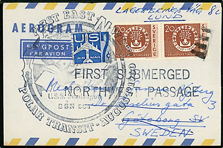 Svensk 20 öre (2) og amerikansk 7 cents luftpost på aerogram annulleret med amerikansk stempel og sidestemplet First submerged Northwest Passage til Göteborg, Sverige. Sendt med den amerikanske atom-undervandsbåd USS Seadragon (SSN 584)
