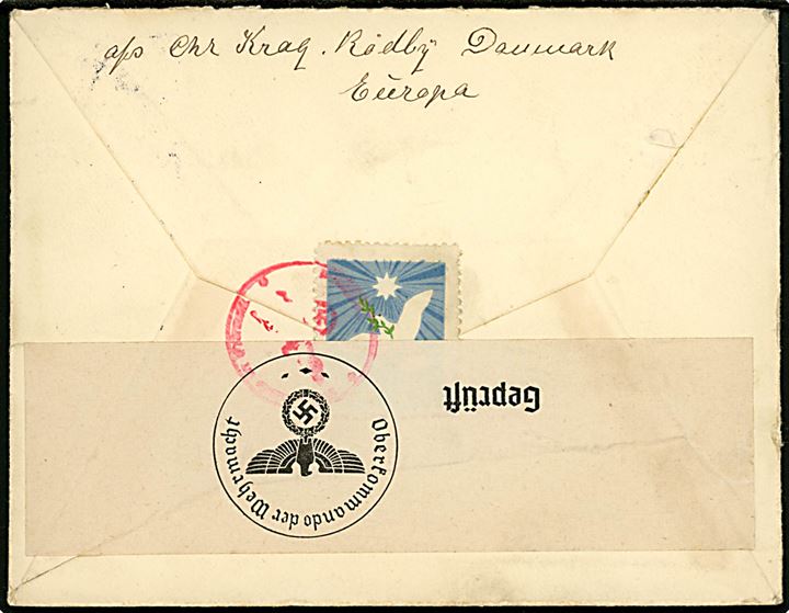 40 øre Karavel og Julemærke 1940 på brev fra Rødby d. 16.11.1940 til Chicago, USA. Åbnet af tysk censur i Berlin.