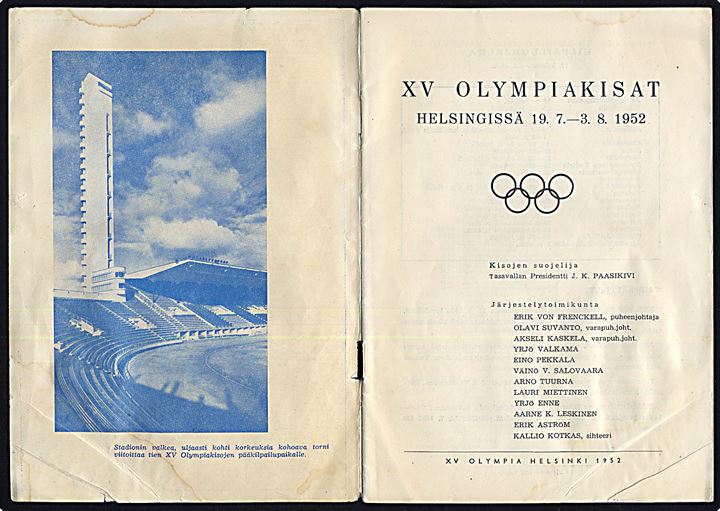 XV Olympiske lege i Helsingfors 1952. 34 sider illustreret officielt program. 